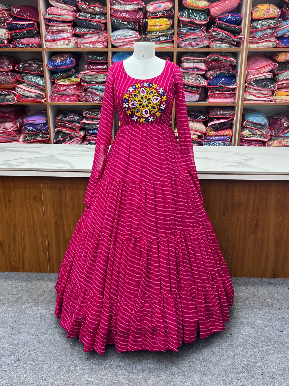 SHAGUN FASHION Exclusive Leheriya Georgette Anarkali Gown with Kutchi Patchwork & Dori Back