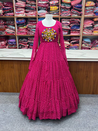 SHAGUN FASHION Exclusive Leheriya Georgette Anarkali Gown with Kutchi Patchwork & Dori Back