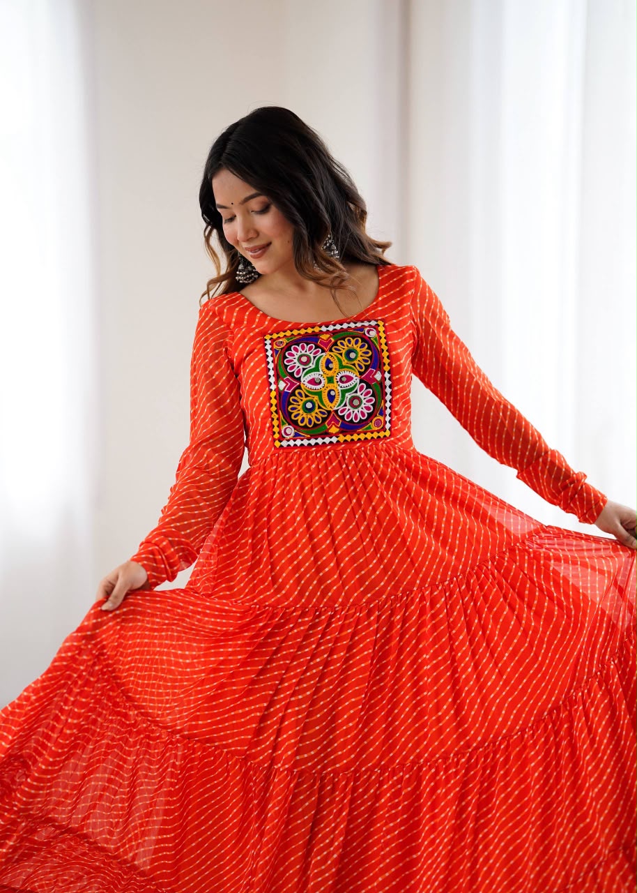 SHAGUN FASHION Exclusive Leheriya Georgette Anarkali Gown with Kutchi Patchwork & Dori Back