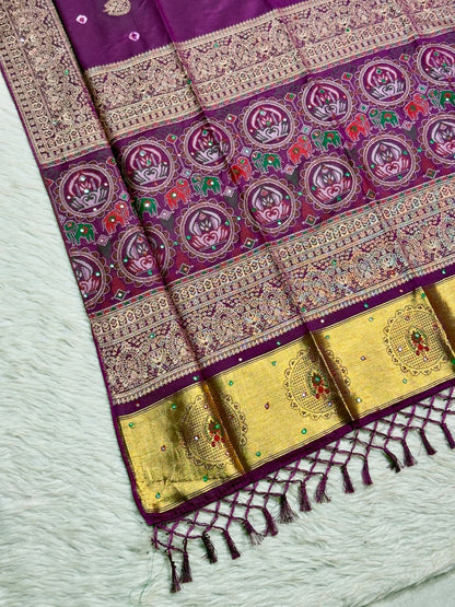 SHAGUN FASHION Exclusive Soft Silk Saree with Traditional Kalamkari Lotus & Elephant Weave Pallu, Mirror Handwork & Rich Golden Zari Border ✨