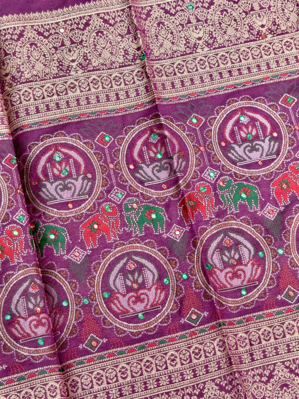 SHAGUN FASHION Exclusive Soft Silk Saree with Traditional Kalamkari Lotus & Elephant Weave Pallu, Mirror Handwork & Rich Golden Zari Border ✨