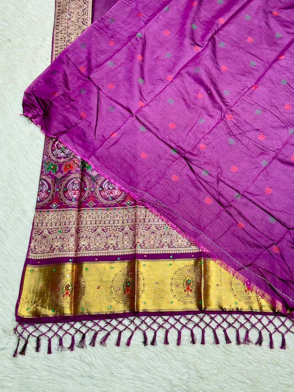 SHAGUN FASHION Exclusive Soft Silk Saree with Traditional Kalamkari Lotus & Elephant Weave Pallu, Mirror Handwork & Rich Golden Zari Border ✨