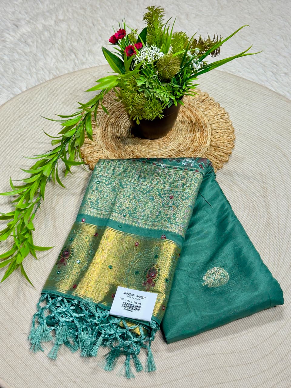 SHAGUN FASHION Exclusive Soft Silk Saree with Traditional Kalamkari Lotus & Elephant Weave Pallu, Mirror Handwork & Rich Golden Zari Border ✨