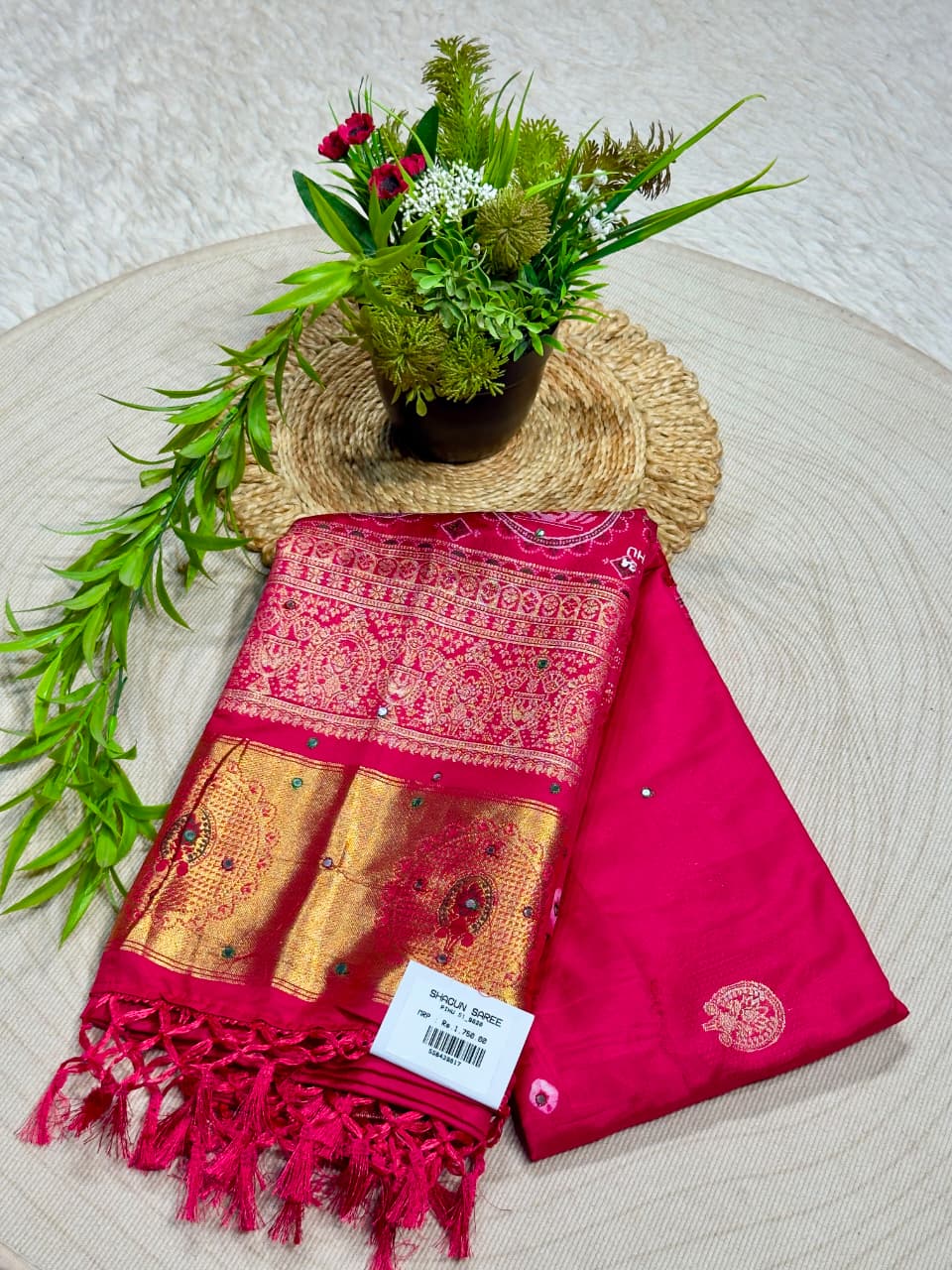 SHAGUN FASHION Exclusive Soft Silk Saree with Traditional Kalamkari Lotus & Elephant Weave Pallu, Mirror Handwork & Rich Golden Zari Border ✨