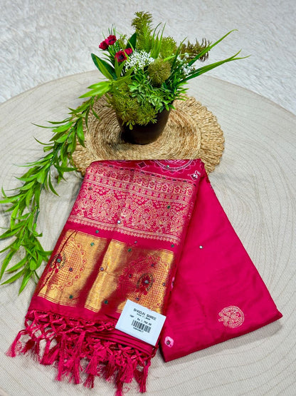 SHAGUN FASHION Exclusive Soft Silk Saree with Traditional Kalamkari Lotus & Elephant Weave Pallu, Mirror Handwork & Rich Golden Zari Border ✨