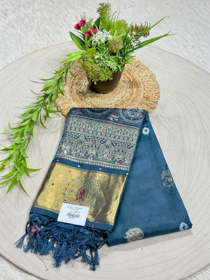 SHAGUN FASHION Exclusive Soft Silk Saree with Traditional Kalamkari Lotus & Elephant Weave Pallu, Mirror Handwork & Rich Golden Zari Border ✨
