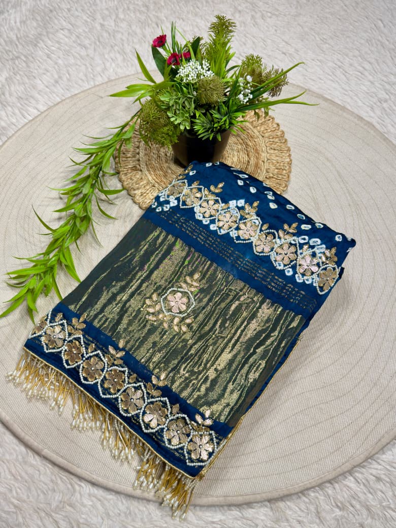 Exclusive SHAGUN FASHION Heavy Crush Tissue Silk Saree with Pearl & Embroidered Border