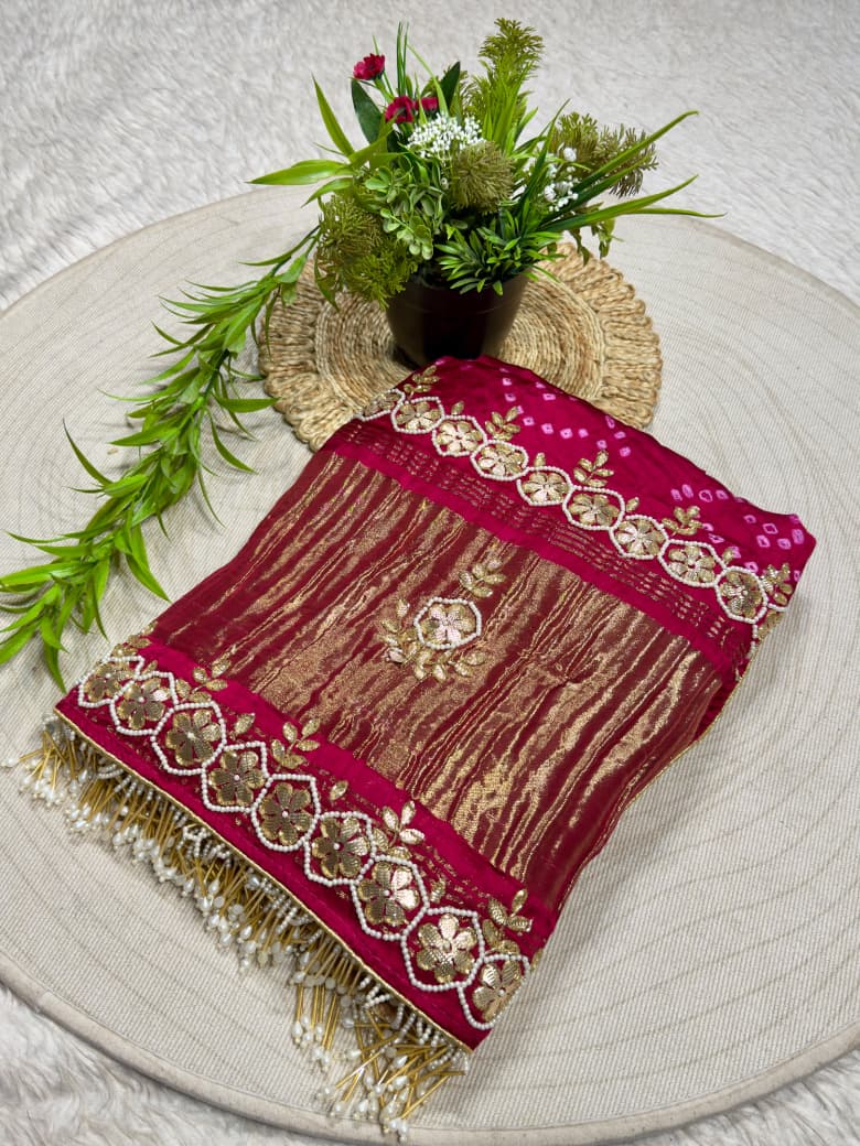Exclusive SHAGUN FASHION Heavy Crush Tissue Silk Saree with Pearl & Embroidered Border