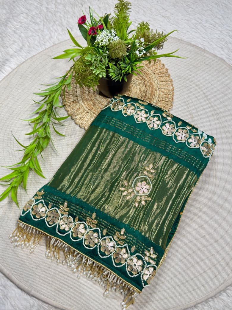 Exclusive SHAGUN FASHION Heavy Crush Tissue Silk Saree with Pearl & Embroidered Border