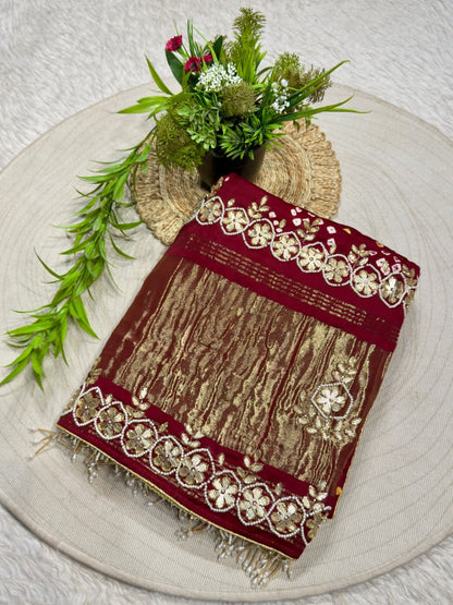 Exclusive SHAGUN FASHION Heavy Crush Tissue Silk Saree with Pearl & Embroidered Border