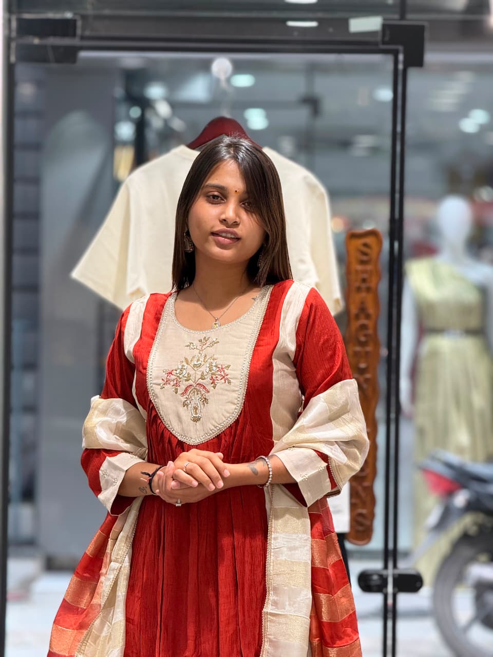 SHAGUN FASHION Premium Designer Handwork Kurti, Flared Pants & Tissue Silk Striped Dupatta Set