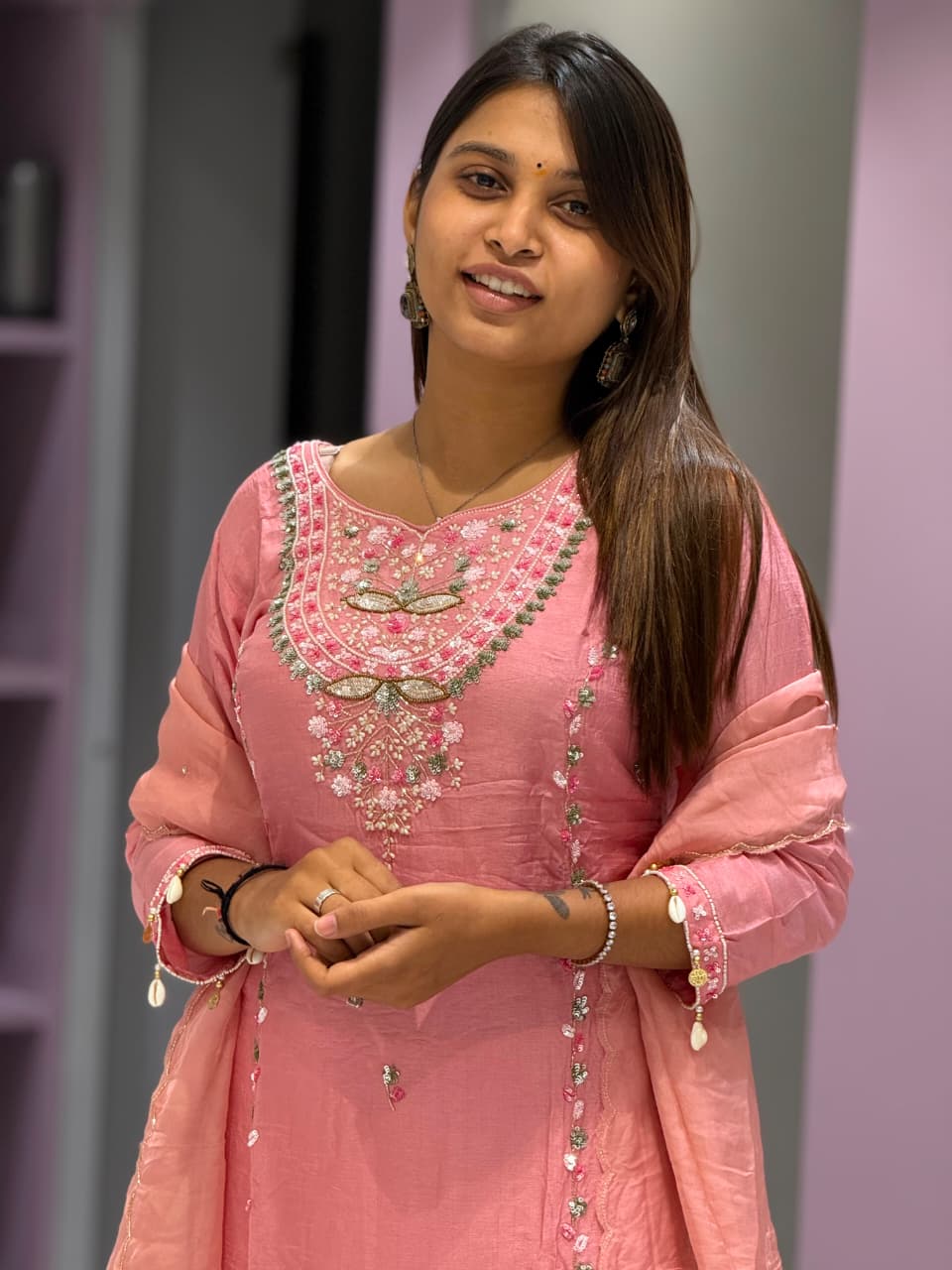 Title: SHAGUN FASHION Elegant Pink Handwork Kurti Sharara Set with Dupatta