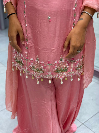 Title: SHAGUN FASHION Elegant Pink Handwork Kurti Sharara Set with Dupatta