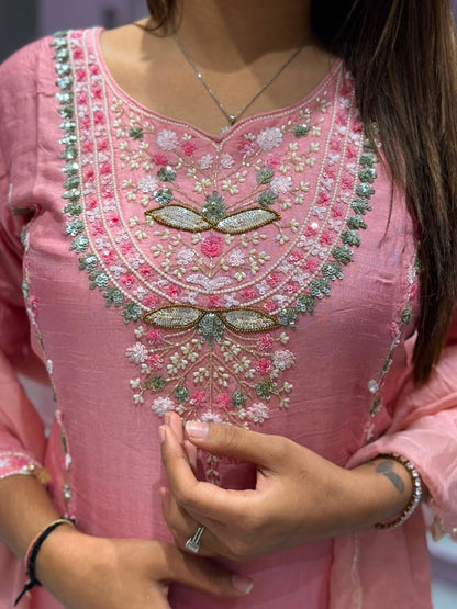 Title: SHAGUN FASHION Elegant Pink Handwork Kurti Sharara Set with Dupatta