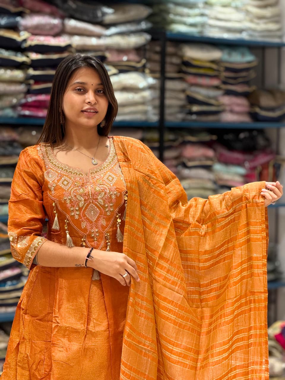 SHAGUN FASHION Exclusive Rust Orange Embroidered Kurti Pant Dupatta Set