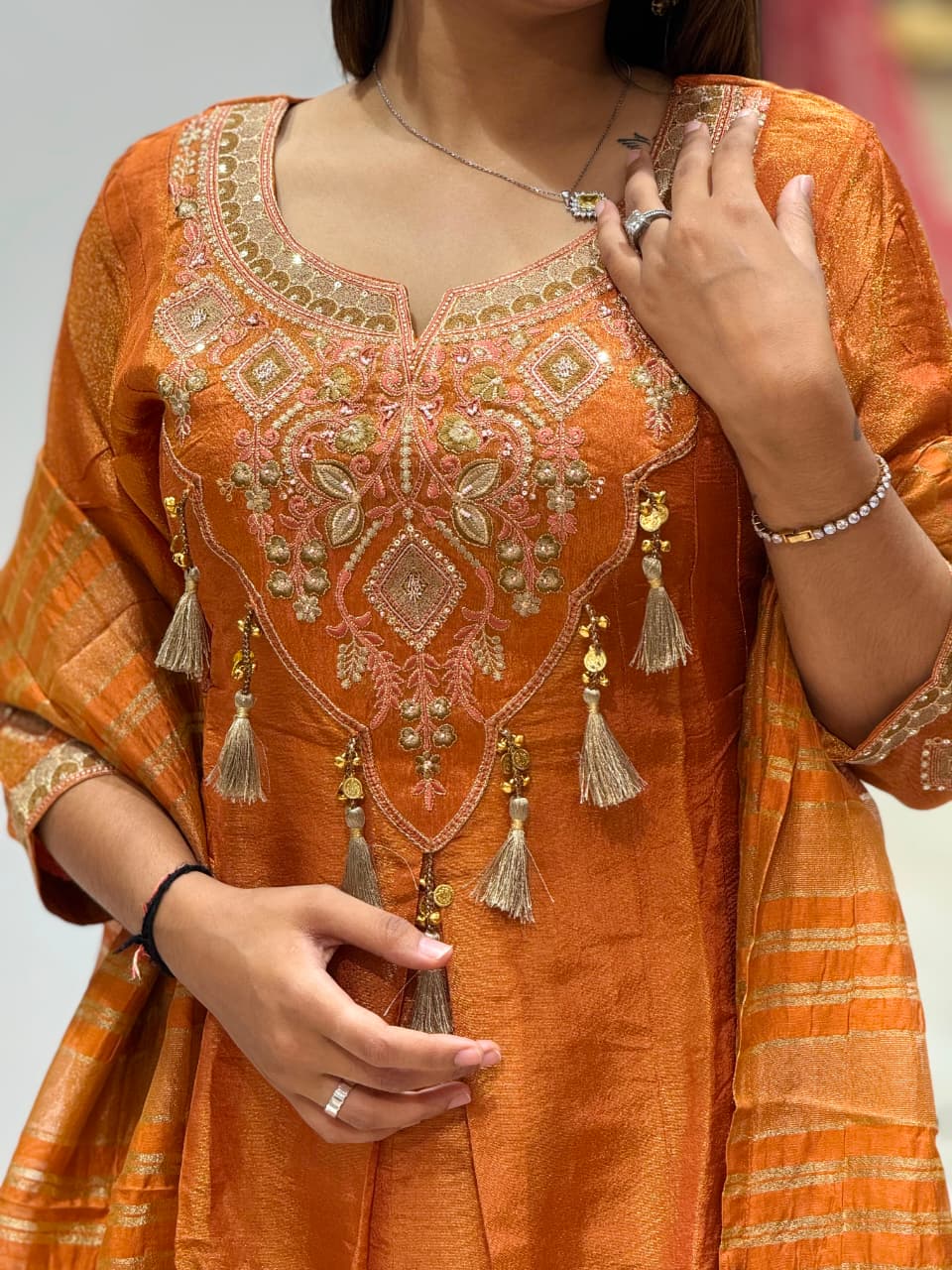 SHAGUN FASHION Exclusive Rust Orange Embroidered Kurti Pant Dupatta Set