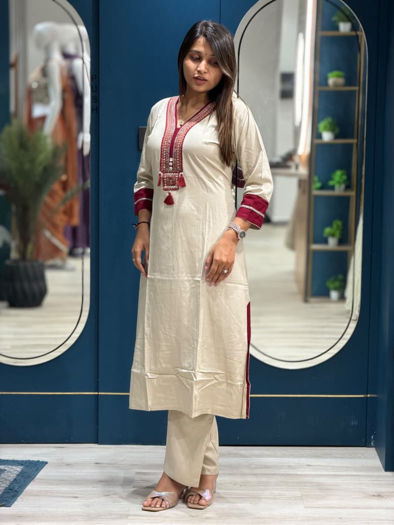 SHAGUN FASHION Premium Beige Cotton Silk Embroidered Kurti & Pant Set