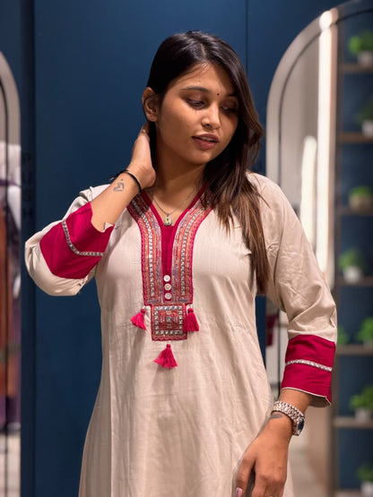 SHAGUN FASHION Premium Beige Cotton Silk Embroidered Kurti & Pant Set