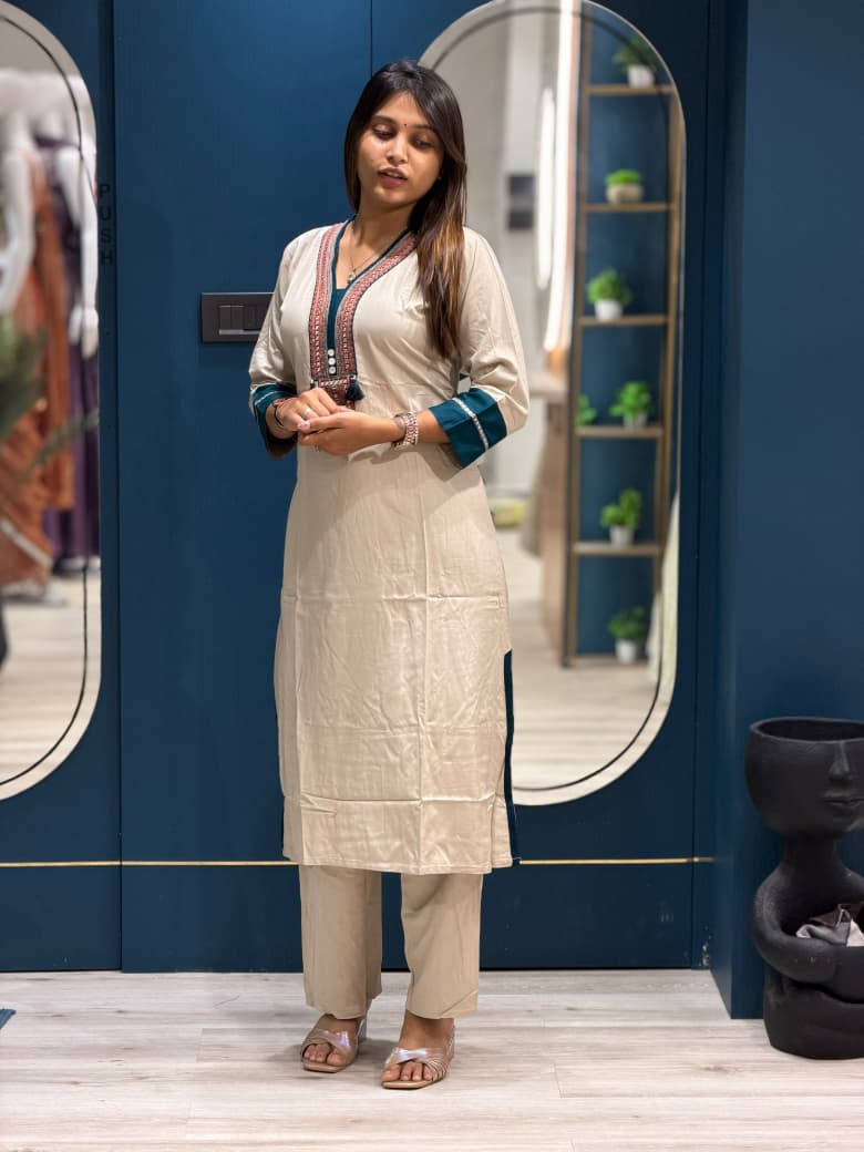SHAGUN FASHION Premium Beige Cotton Silk Embroidered Kurti & Pant Set
