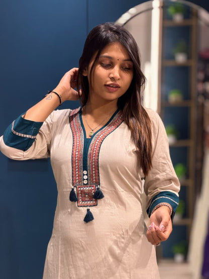 SHAGUN FASHION Premium Beige Cotton Silk Embroidered Kurti & Pant Set