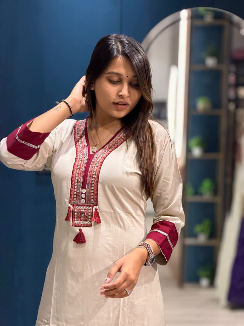 SHAGUN FASHION Premium Beige Cotton Silk Embroidered Kurti & Pant Set