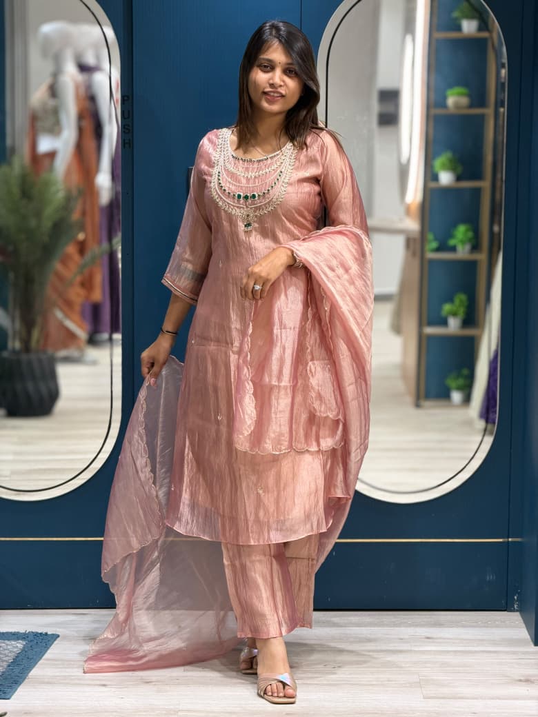 SHAGUN FASHION Premium Designer Neckwork Tissue Silk 3-Piece Kurti Set