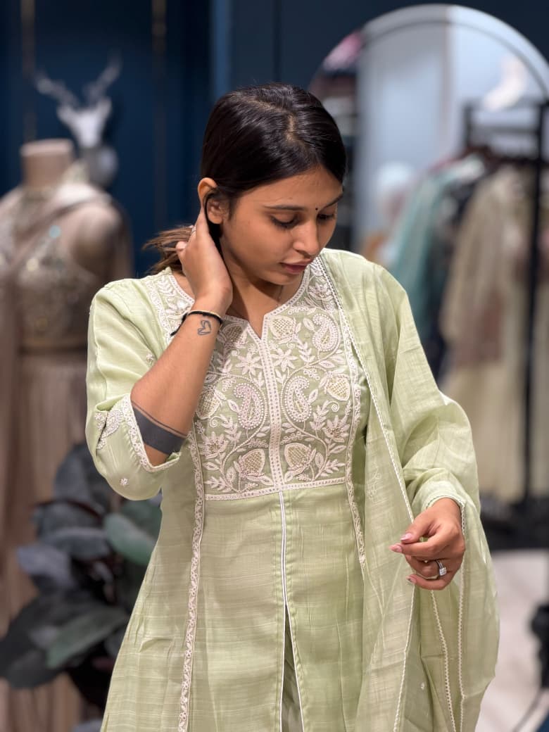 SHAGUN FASHION Designer Front-Slit Chanderi Silk Kurti Set with Delicate Embroidery & Matching Dupatta (Exclusively on zankhi.in)