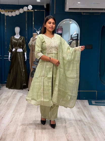 SHAGUN FASHION Designer Front-Slit Chanderi Silk Kurti Set with Delicate Embroidery & Matching Dupatta (Exclusively on zankhi.in)