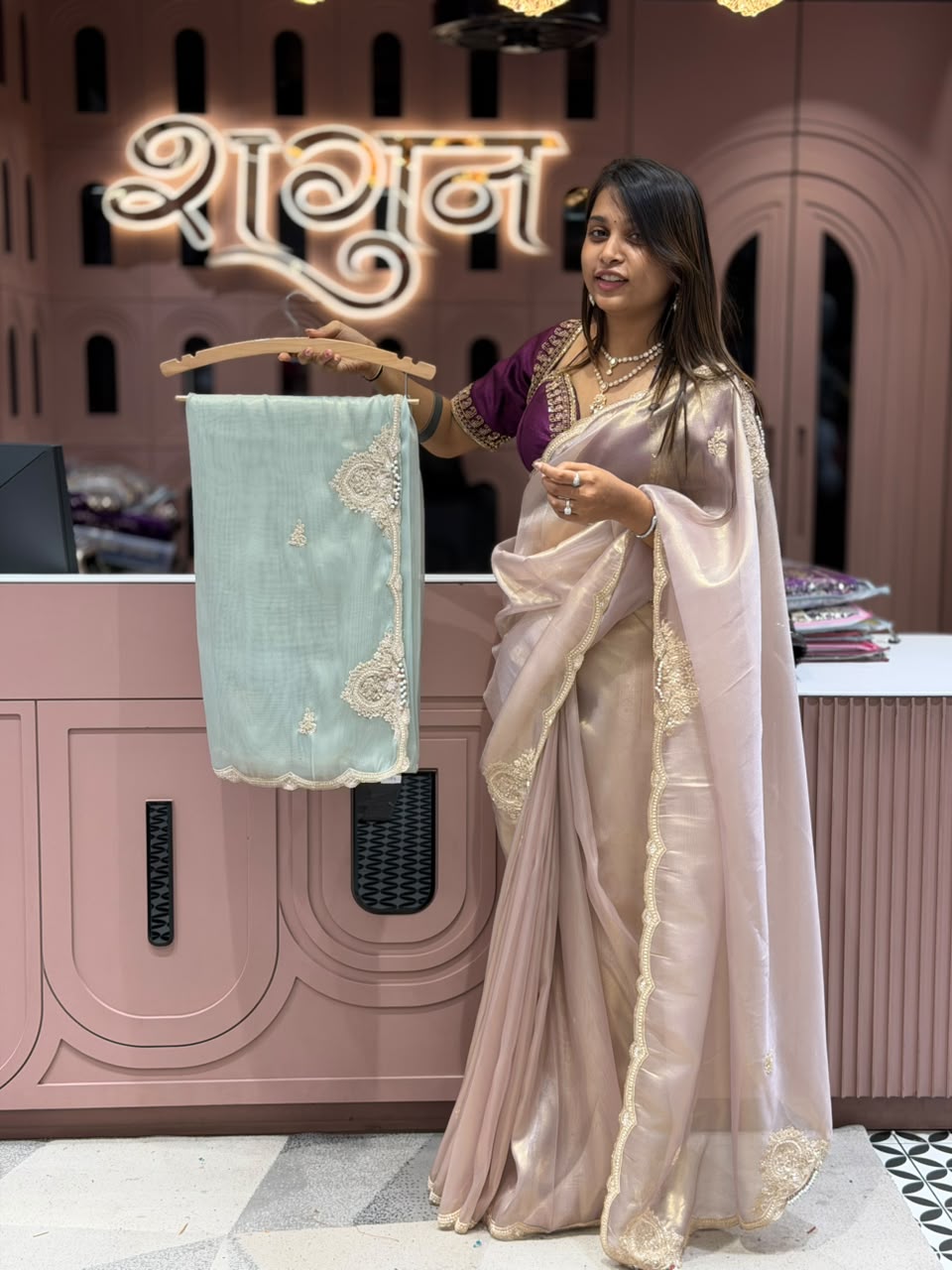 SHAGUN FASHION Premium Shimmer Organza Tissue Silk Saree with Heavy Cutwork Border
