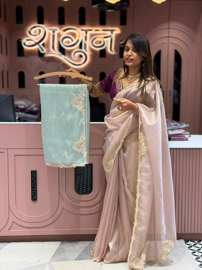 SHAGUN FASHION Premium Shimmer Organza Tissue Silk Saree with Heavy Cutwork Border