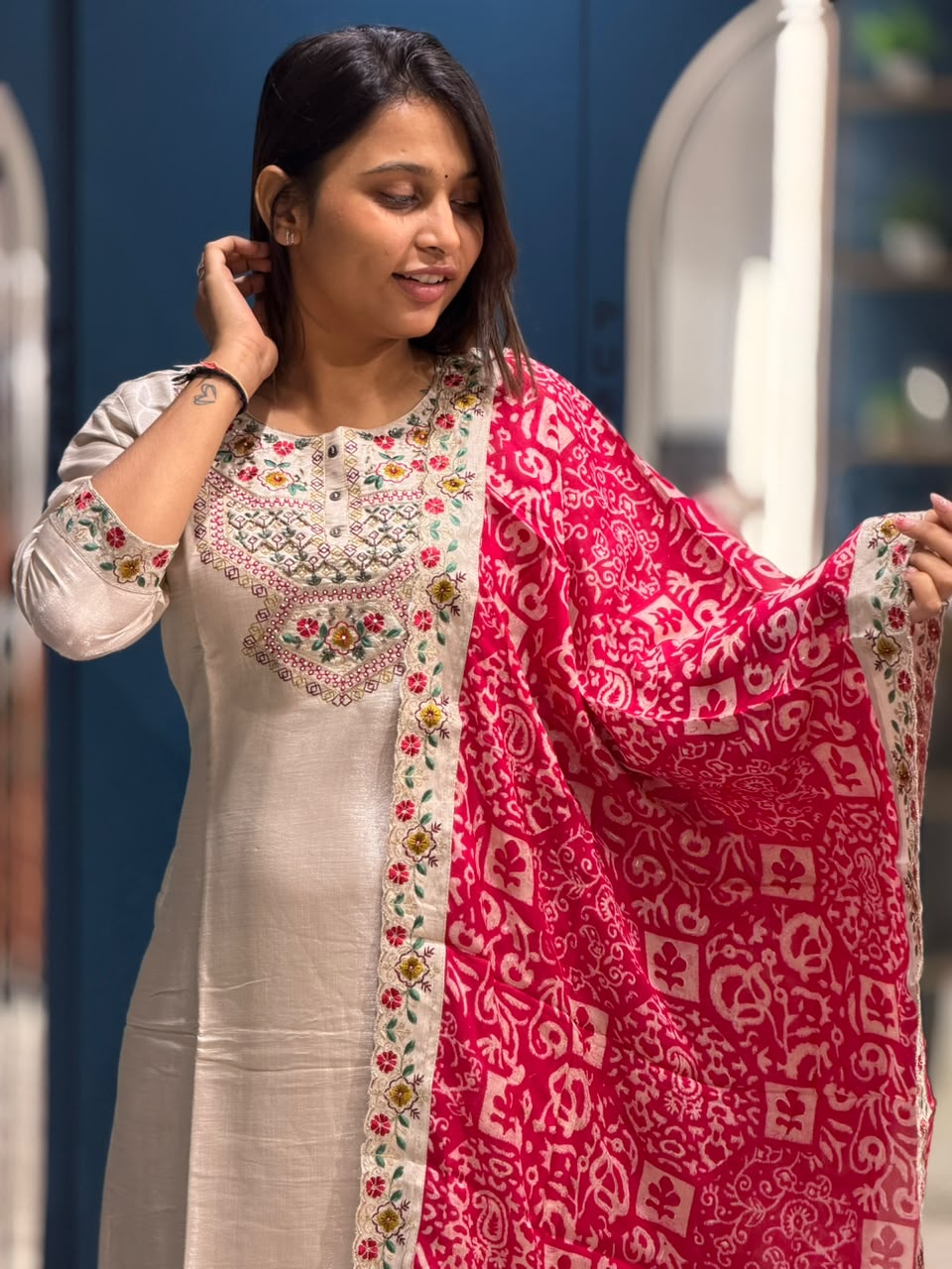 SHAGUN FASHION Elegant Silk Blend Kurti Set with Embroidered Neckline & Printed Dupatta