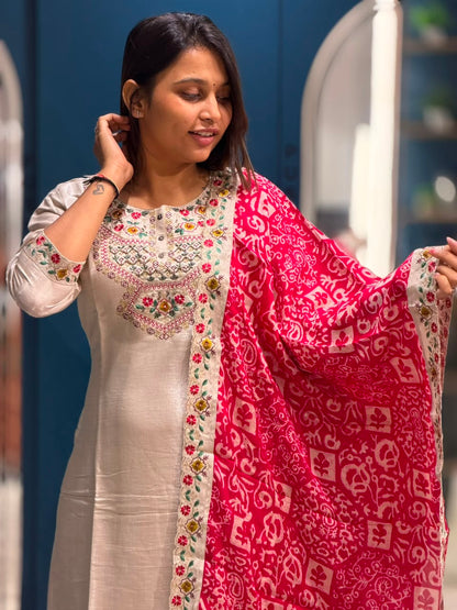 SHAGUN FASHION Elegant Silk Blend Kurti Set with Embroidered Neckline & Printed Dupatta