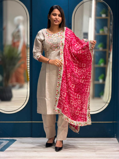 SHAGUN FASHION Elegant Silk Blend Kurti Set with Embroidered Neckline & Printed Dupatta