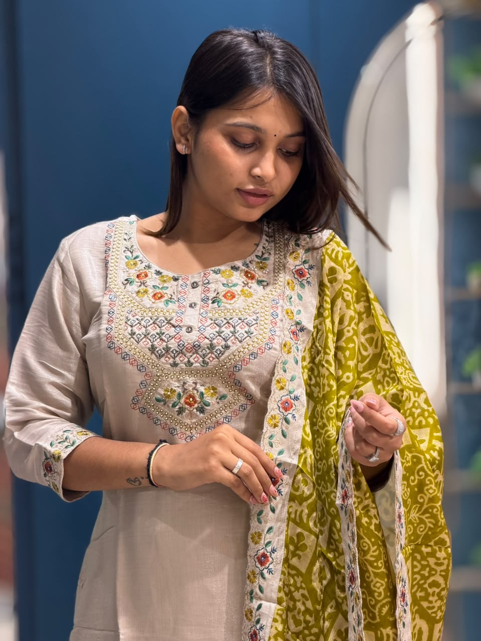 SHAGUN FASHION Elegant Silk Blend Kurti Set with Embroidered Neckline & Printed Dupatta