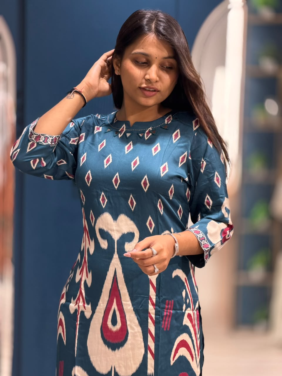 SHAGUN FASHION – Stylish Printed Ikat Pattern Cotton Kurti Pant Set | Exclusively on zankhi.in