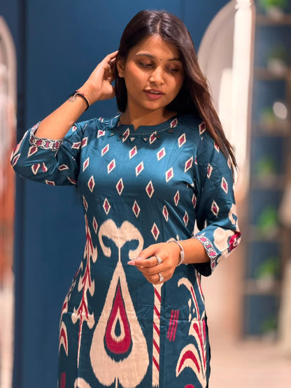 SHAGUN FASHION – Stylish Printed Ikat Pattern Cotton Kurti Pant Set | Exclusively on zankhi.in