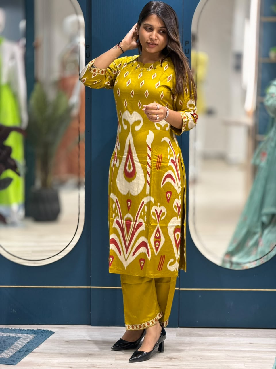 SHAGUN FASHION – Stylish Printed Ikat Pattern Cotton Kurti Pant Set | Exclusively on zankhi.in