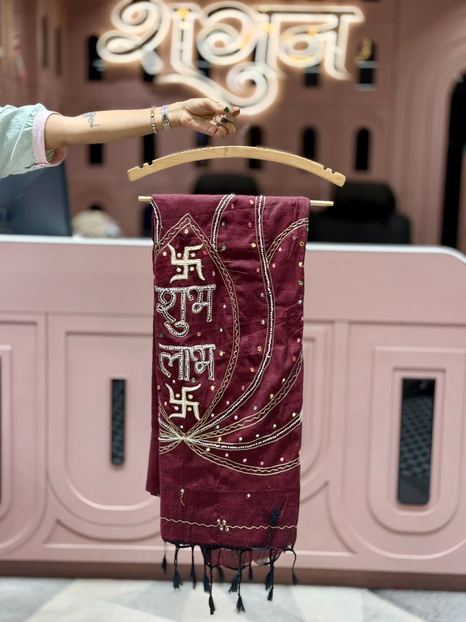 SHAGUN FASHION Premium Handwork Dupatta with Auspicious "Shubh Labh" Embroidery