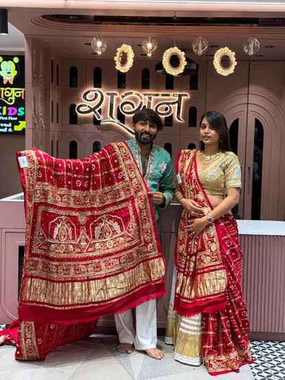 SHAGUN FASHION Exclusive Royal Red Gharchola Bandhani Lehenga Saree Set with Heavy Zari & Elephant Border