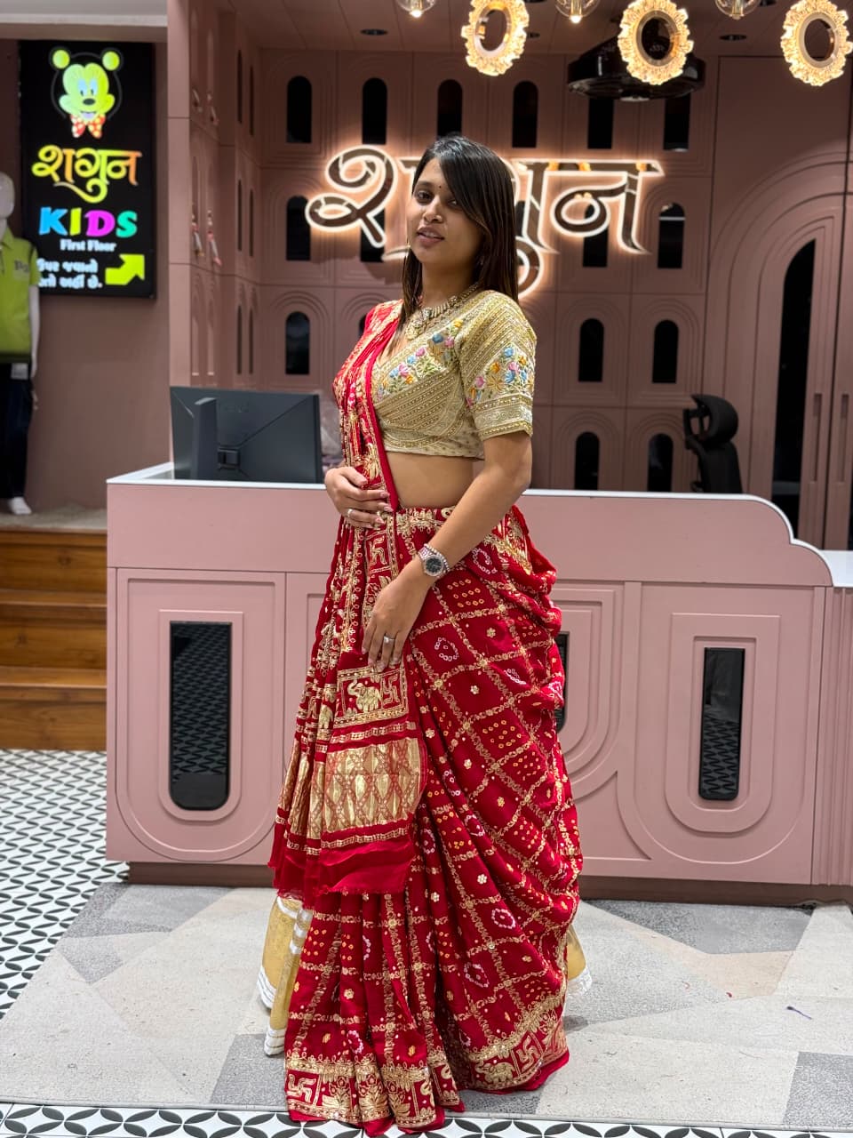 SHAGUN FASHION Exclusive Royal Red Gharchola Bandhani Lehenga Saree Set with Heavy Zari & Elephant Border
