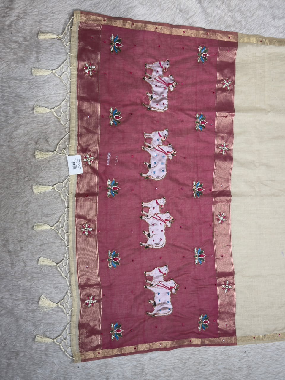 SHAGUN FASHION Premium Tejaswini Organza Saree with Designer Cow (Gau Mata) & Lotus Embroidery Work