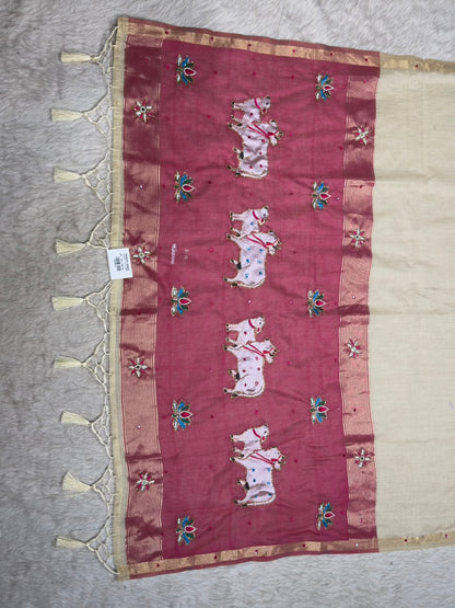SHAGUN FASHION Premium Tejaswini Organza Saree with Designer Cow (Gau Mata) & Lotus Embroidery Work