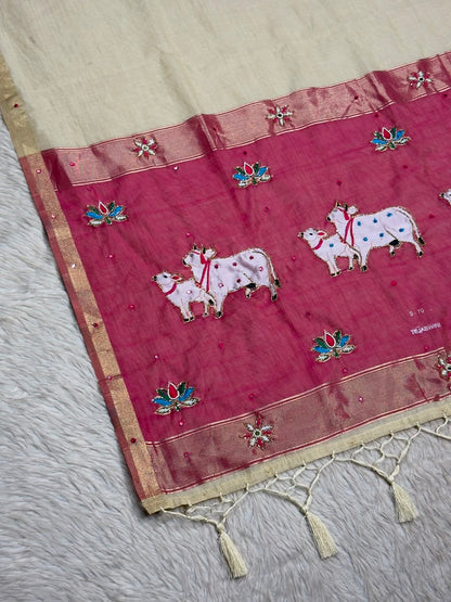 SHAGUN FASHION Premium Tejaswini Organza Saree with Designer Cow (Gau Mata) & Lotus Embroidery Work
