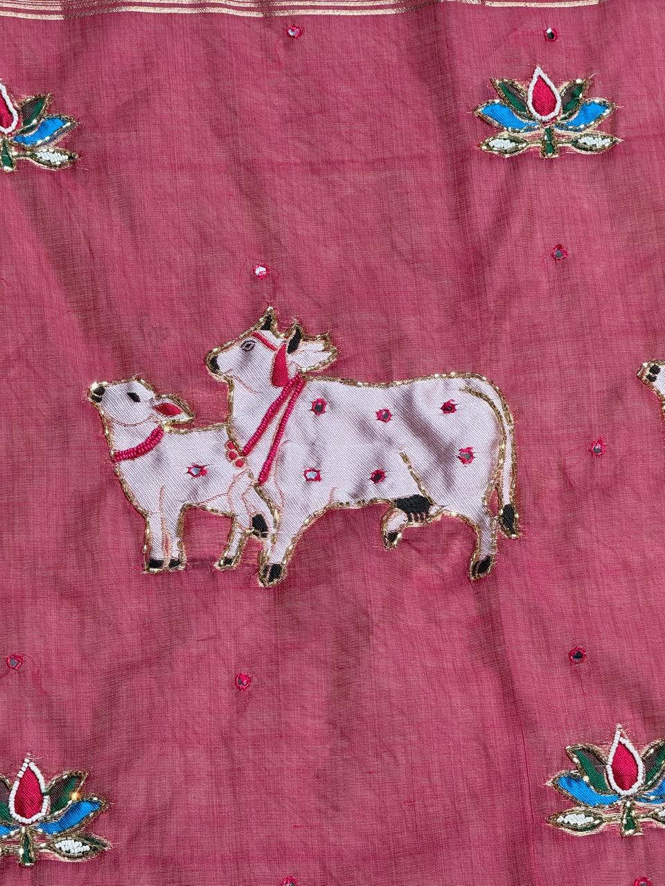 SHAGUN FASHION Premium Tejaswini Organza Saree with Designer Cow (Gau Mata) & Lotus Embroidery Work