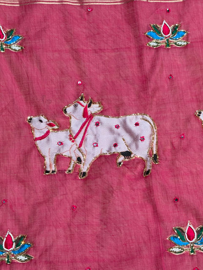 SHAGUN FASHION Premium Tejaswini Organza Saree with Designer Cow (Gau Mata) & Lotus Embroidery Work