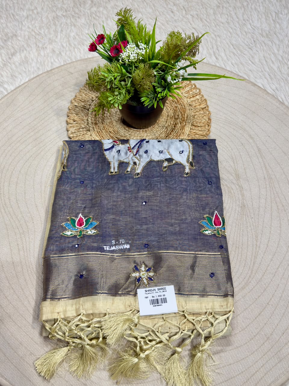 SHAGUN FASHION Premium Tejaswini Organza Saree with Designer Cow (Gau Mata) & Lotus Embroidery Work