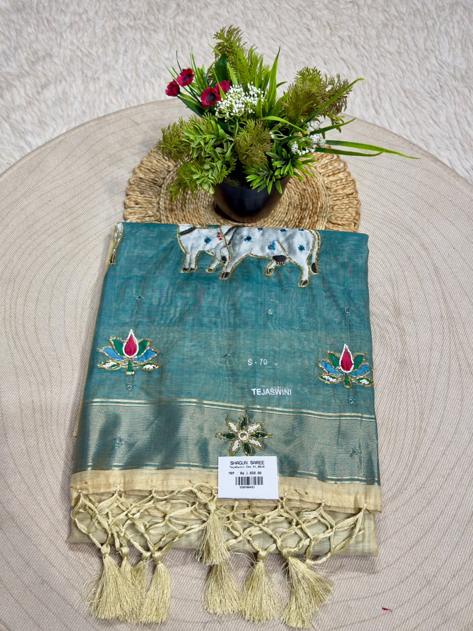 SHAGUN FASHION Premium Tejaswini Organza Saree with Designer Cow (Gau Mata) & Lotus Embroidery Work