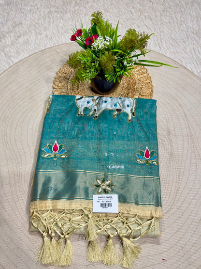SHAGUN FASHION Premium Tejaswini Organza Saree with Designer Cow (Gau Mata) & Lotus Embroidery Work