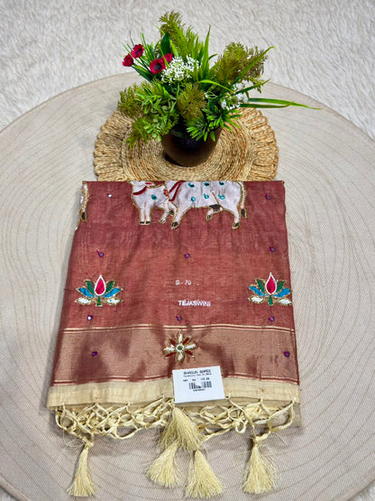 SHAGUN FASHION Premium Tejaswini Organza Saree with Designer Cow (Gau Mata) & Lotus Embroidery Work