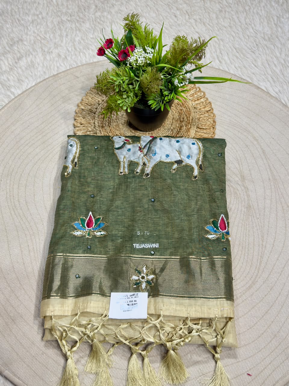 SHAGUN FASHION Premium Tejaswini Organza Saree with Designer Cow (Gau Mata) & Lotus Embroidery Work